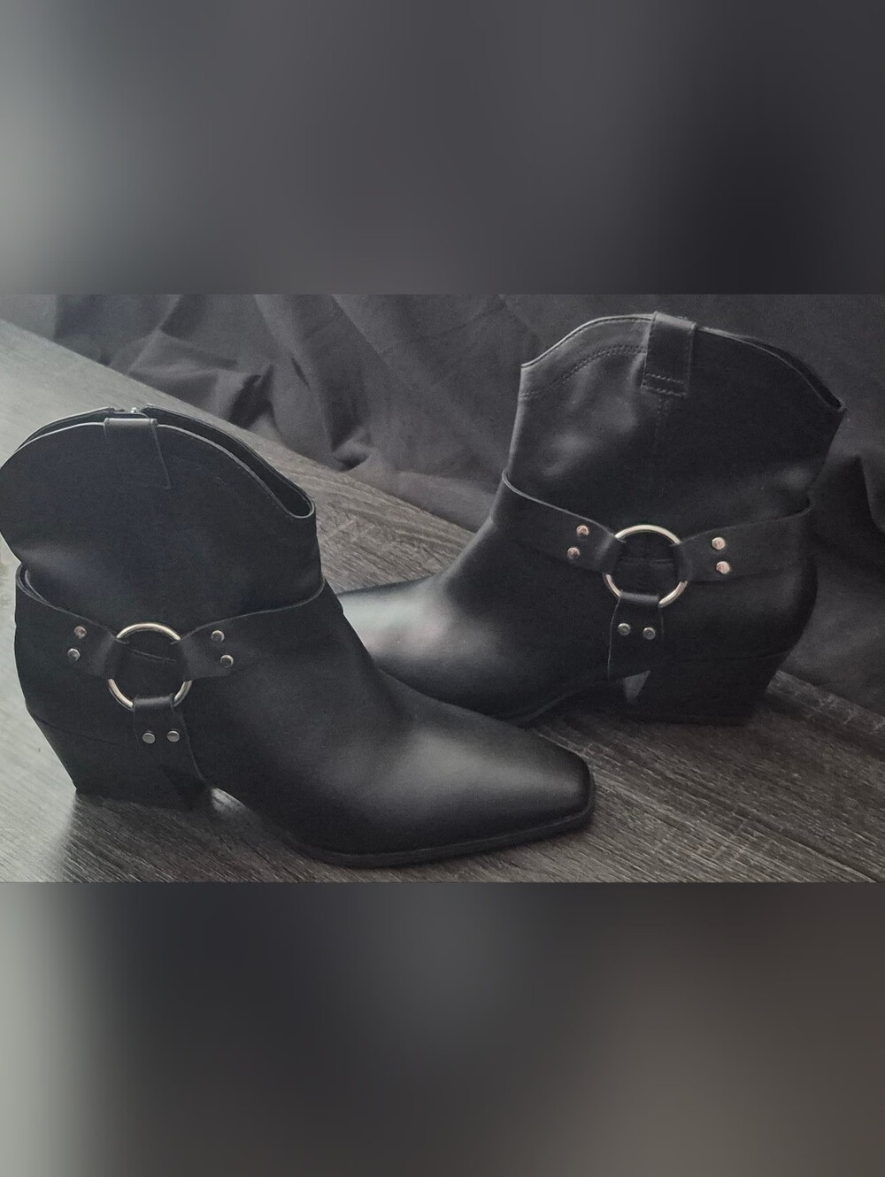 Black Leather Ankle Harness Boots - Women